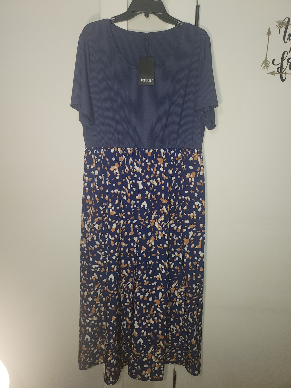 New 3X Folunsi Navy Blue Short-Sleeve Mixed-Print Maxi Dress